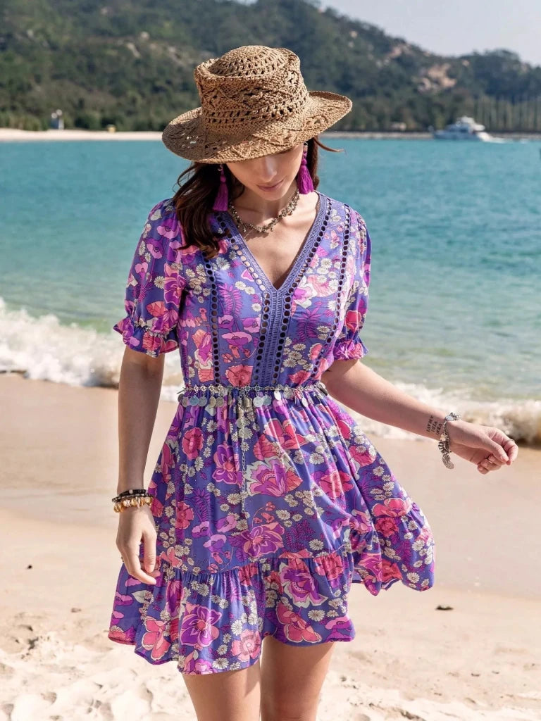 Floral Print V - Neck Mini Dress - Vivid Violet by Trendsi from FREYA’S CLOSET