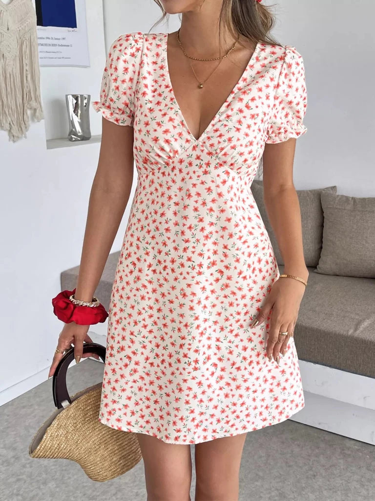 Floral Print V - Neck Puff Sleeve Mini Dress - Red by Trendsi from FREYA’S CLOSET