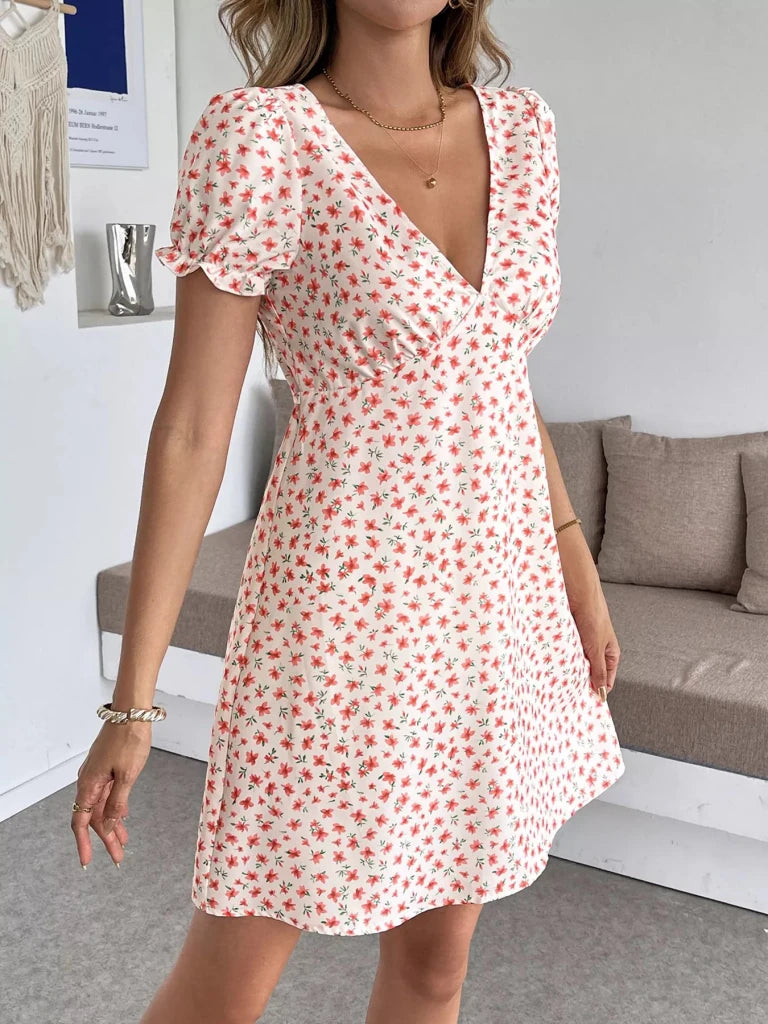 Floral Print V - Neck Puff Sleeve Mini Dress - Red by Trendsi from FREYA’S CLOSET
