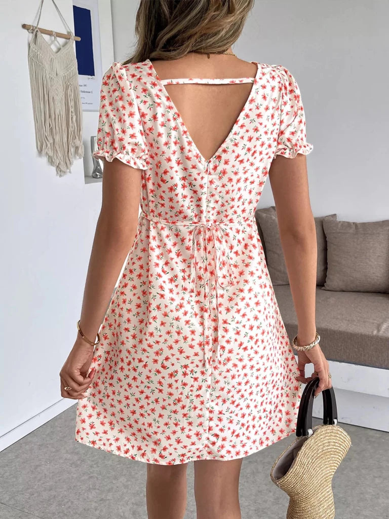 Floral Print V - Neck Puff Sleeve Mini Dress - Red by Trendsi from FREYA’S CLOSET