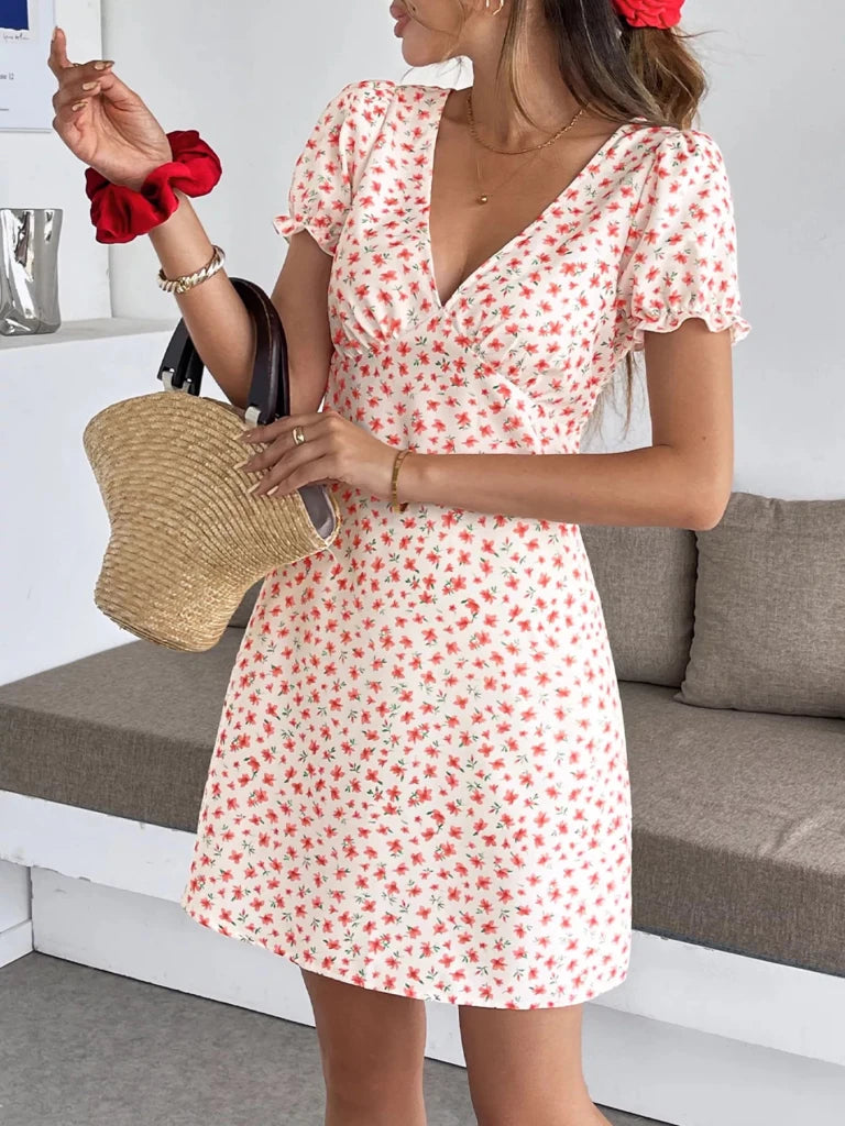 Floral Print V - Neck Puff Sleeve Mini Dress - Red by Trendsi from FREYA’S CLOSET