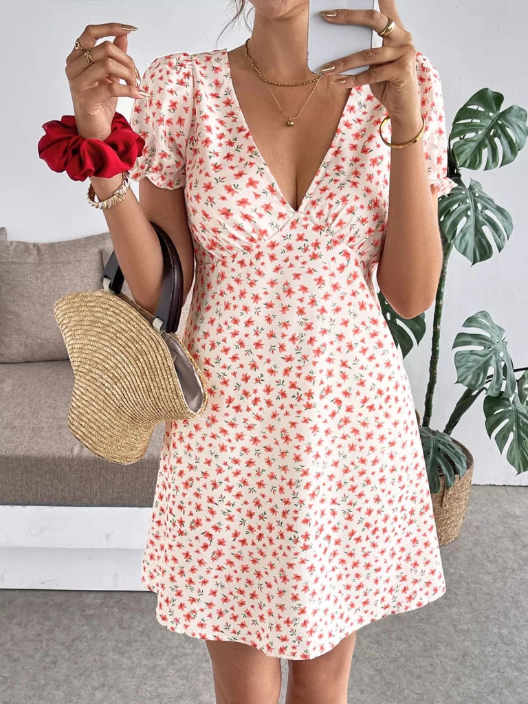 Floral Print V - Neck Puff Sleeve Mini Dress - Red by Trendsi from FREYA’S CLOSET
