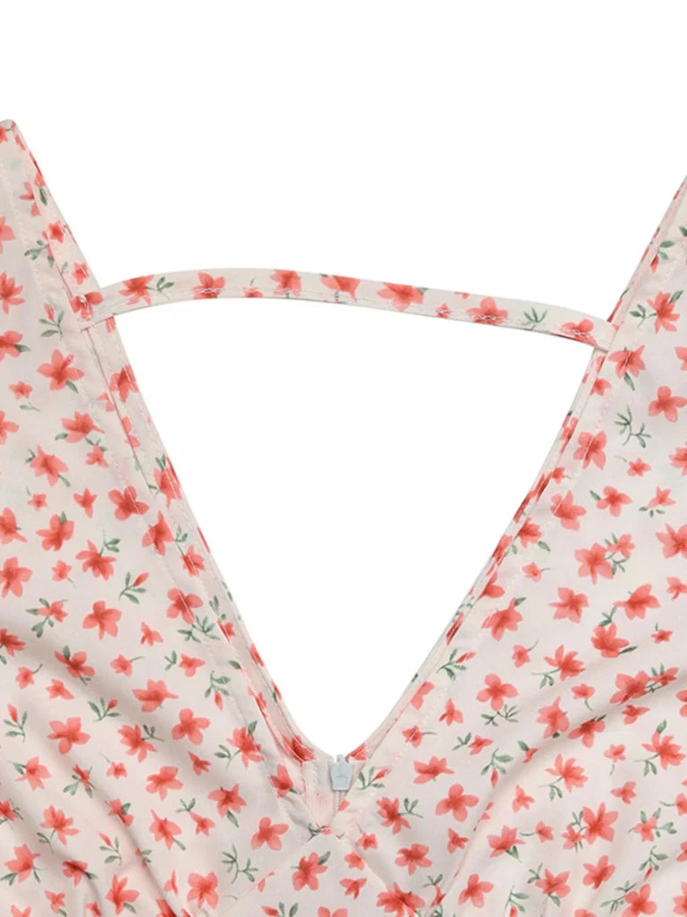 Floral Print V - Neck Puff Sleeve Mini Dress - Red by Trendsi from FREYA’S CLOSET