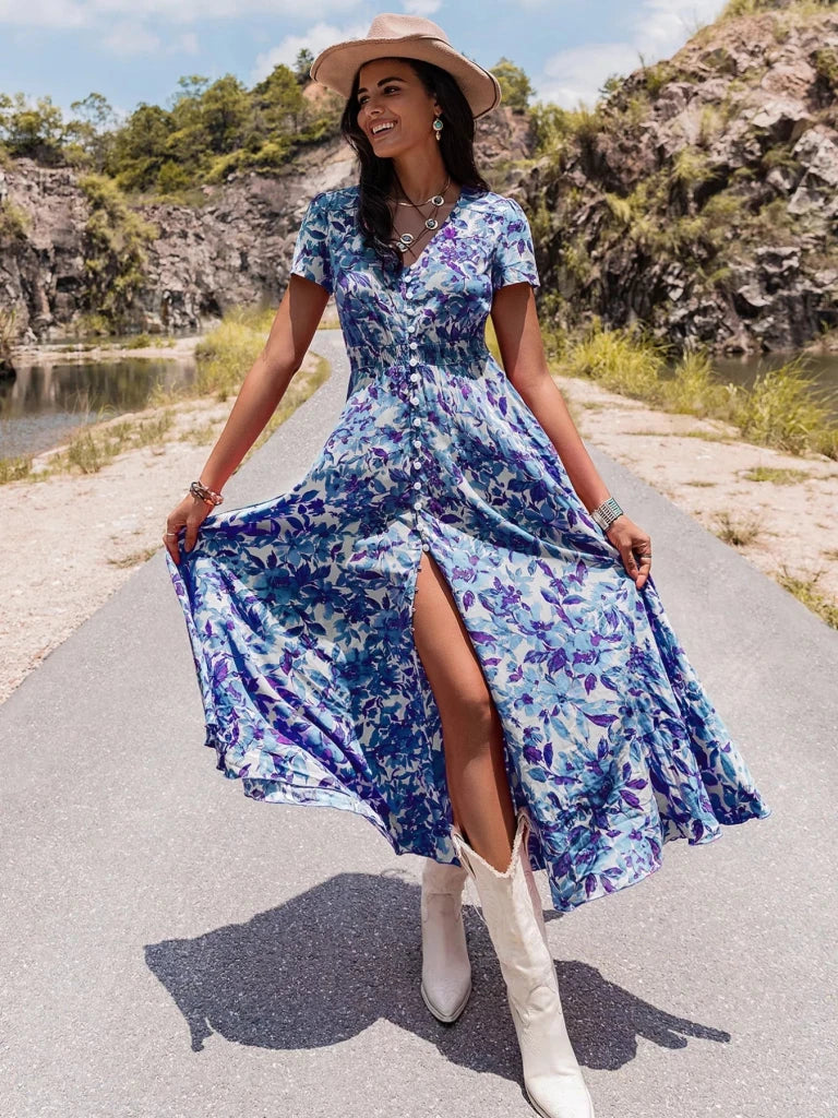 Floral Print V - Neck Slit Midi Dress - Light Blue by Trendsi from FREYA’S CLOSET