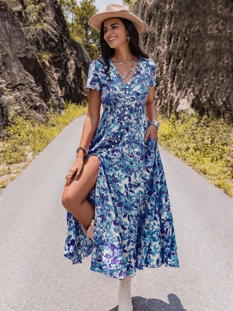 Floral Print V - Neck Slit Midi Dress - Light Blue by Trendsi from FREYA’S CLOSET