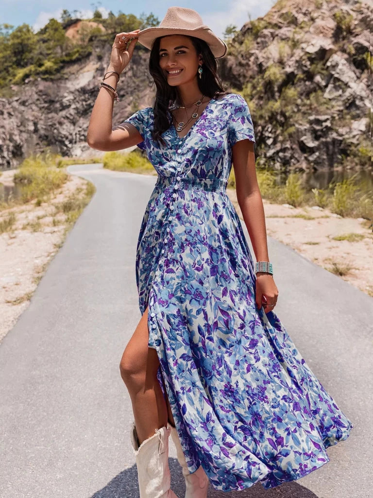 Floral Print V - Neck Slit Midi Dress - Light Blue by Trendsi from FREYA’S CLOSET