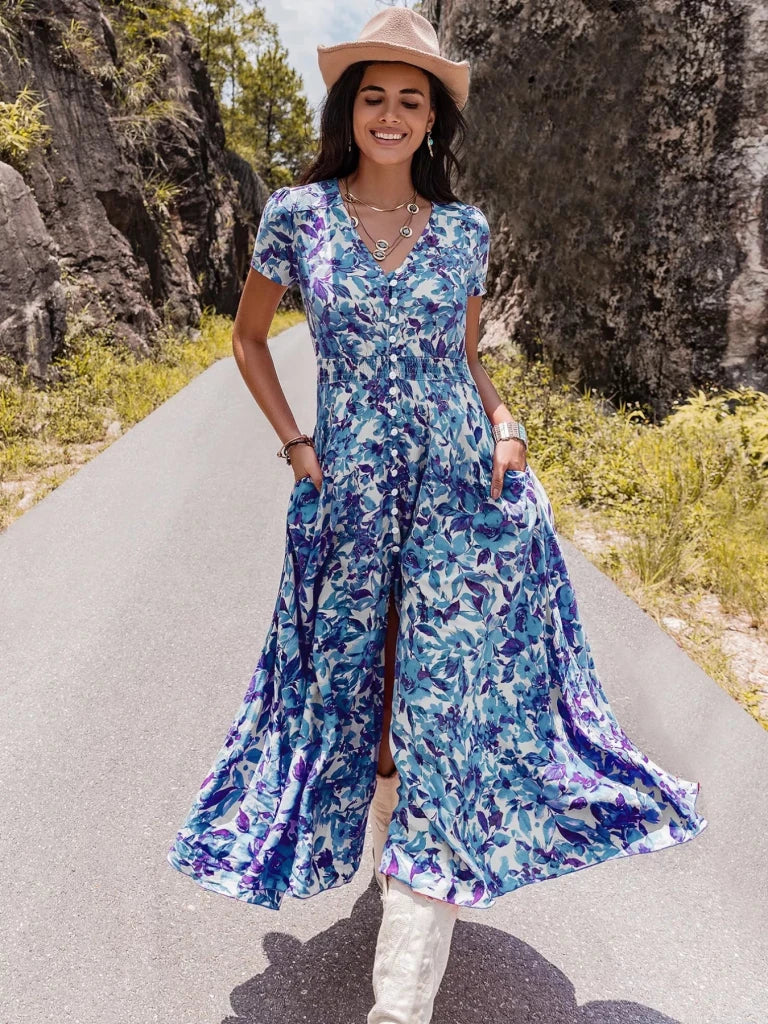 Floral Print V - Neck Slit Midi Dress - Light Blue by Trendsi from FREYA’S CLOSET