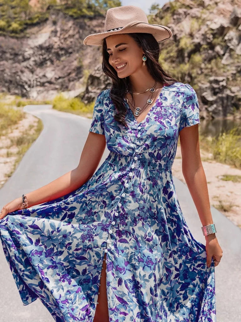 Floral Print V - Neck Slit Midi Dress - Light Blue by Trendsi from FREYA’S CLOSET