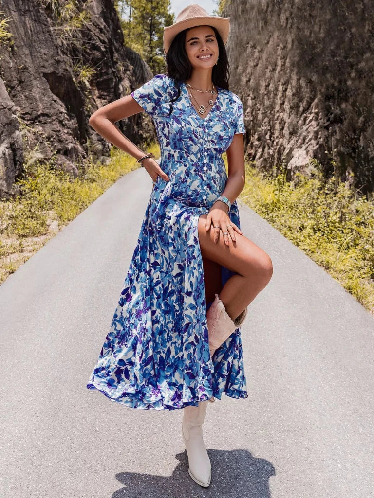 Floral Print V - Neck Slit Midi Dress - Light Blue by Trendsi from FREYA’S CLOSET