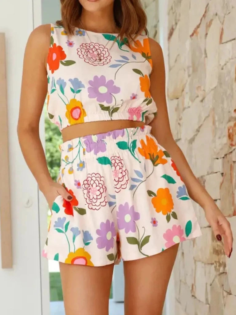 Floral Round Neck Tank and Shorts Set - Floral by Trendsi from FREYA’S CLOSET