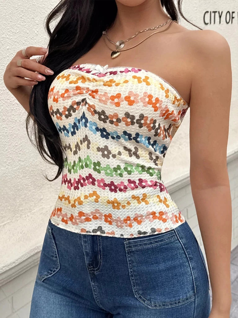 Floral Ruched Tube Top - Multicolor by Trendsi from FREYA’S CLOSET