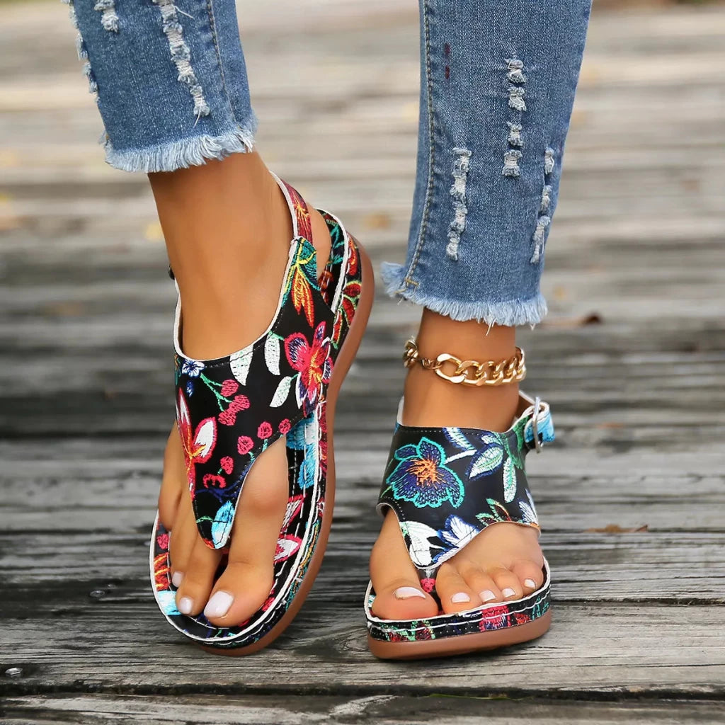 Floral Thong Wedge Sandals - Black Flower by Trendsi from FREYA’S CLOSET