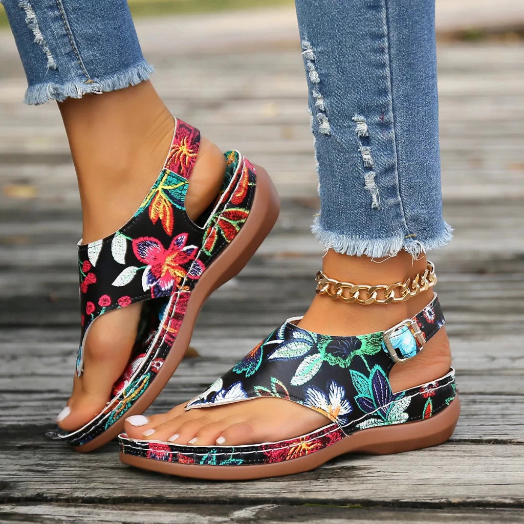 Floral Thong Wedge Sandals - Black Flower by Trendsi from FREYA’S CLOSET