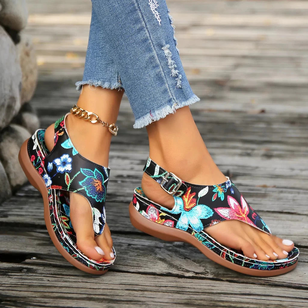 Floral Thong Wedge Sandals - Black Flower by Trendsi from FREYA’S CLOSET