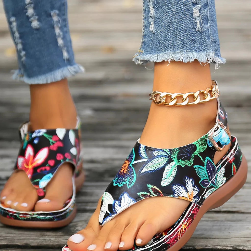 Floral Thong Wedge Sandals - Black Flower by Trendsi from FREYA’S CLOSET