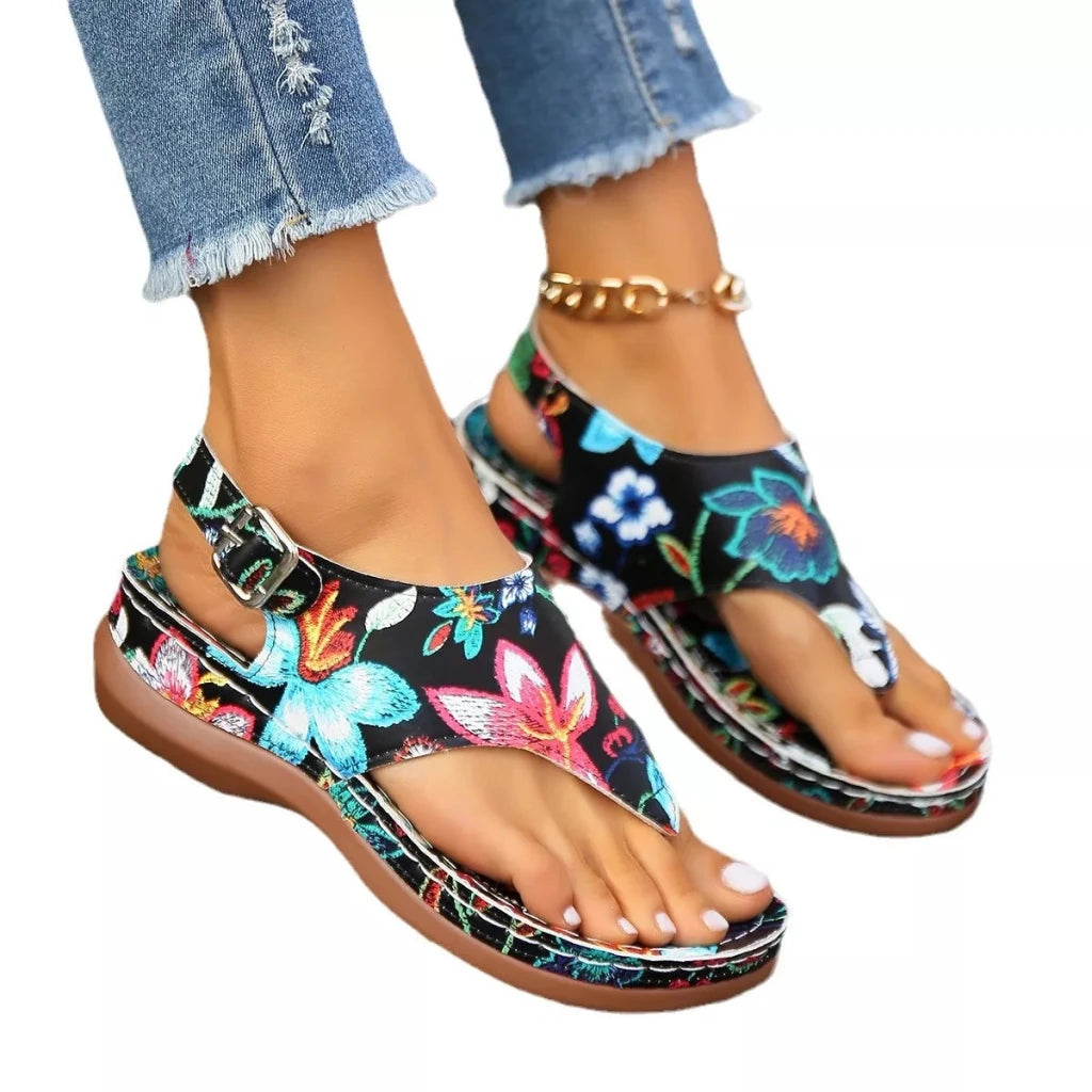 Floral Thong Wedge Sandals - Black Flower by Trendsi from FREYA’S CLOSET