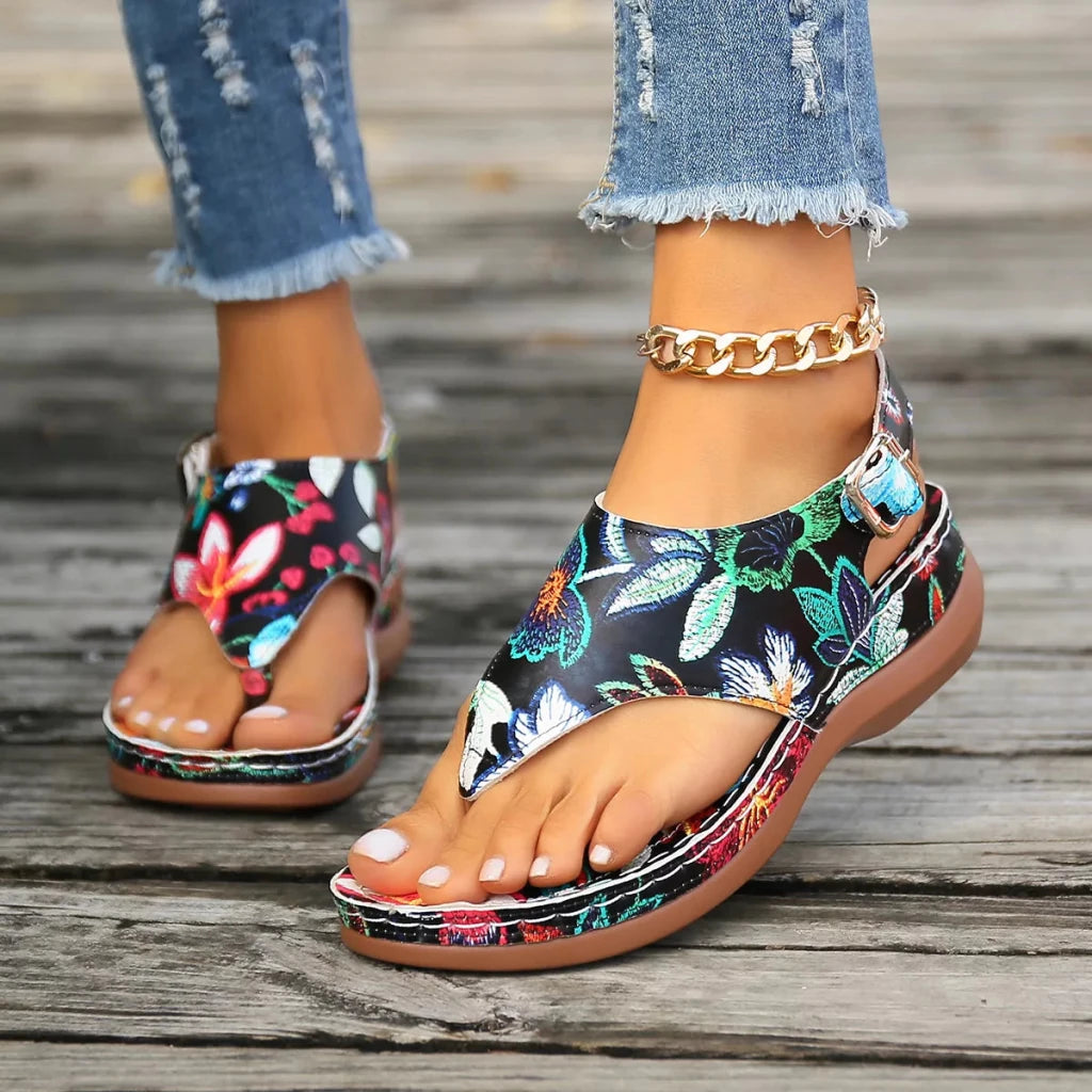 Floral Thong Wedge Sandals - Black Flower by Trendsi from FREYA’S CLOSET