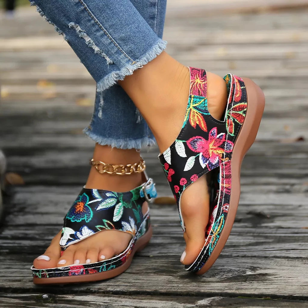 Floral Thong Wedge Sandals - Black Flower by Trendsi from FREYA’S CLOSET