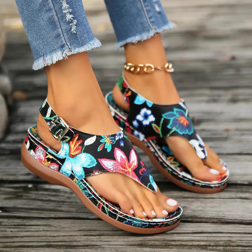 Floral Thong Wedge Sandals - Black Flower by Trendsi from FREYA’S CLOSET