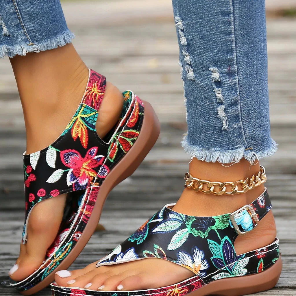 Floral Thong Wedge Sandals - Black Flower by Trendsi from FREYA’S CLOSET