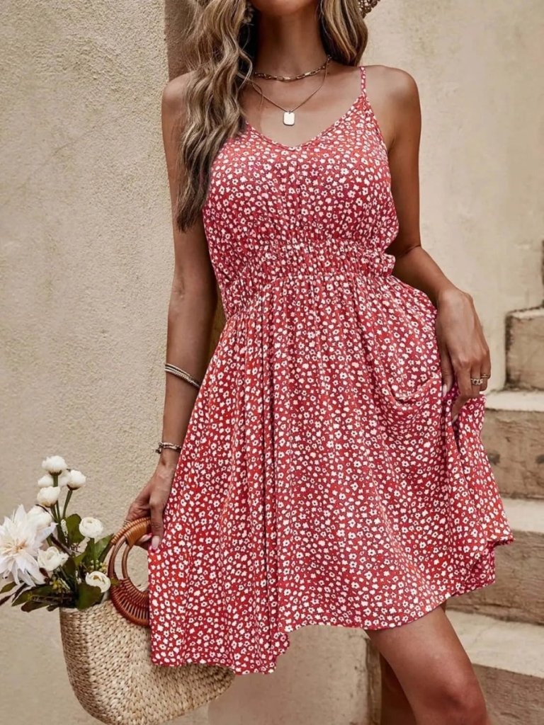 Floral V - Neck Mini Cami Dress - Scarlet by Trendsi from FREYA’S CLOSET