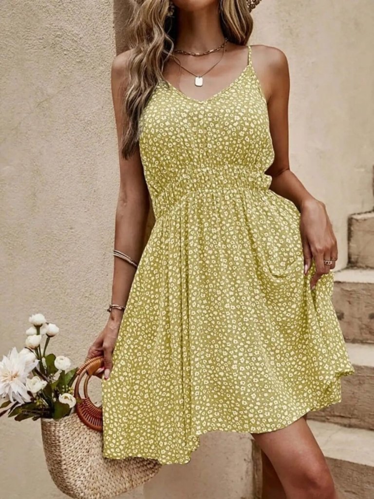 Floral V - Neck Mini Cami Dress - Yellow Green by Trendsi from FREYA’S CLOSET