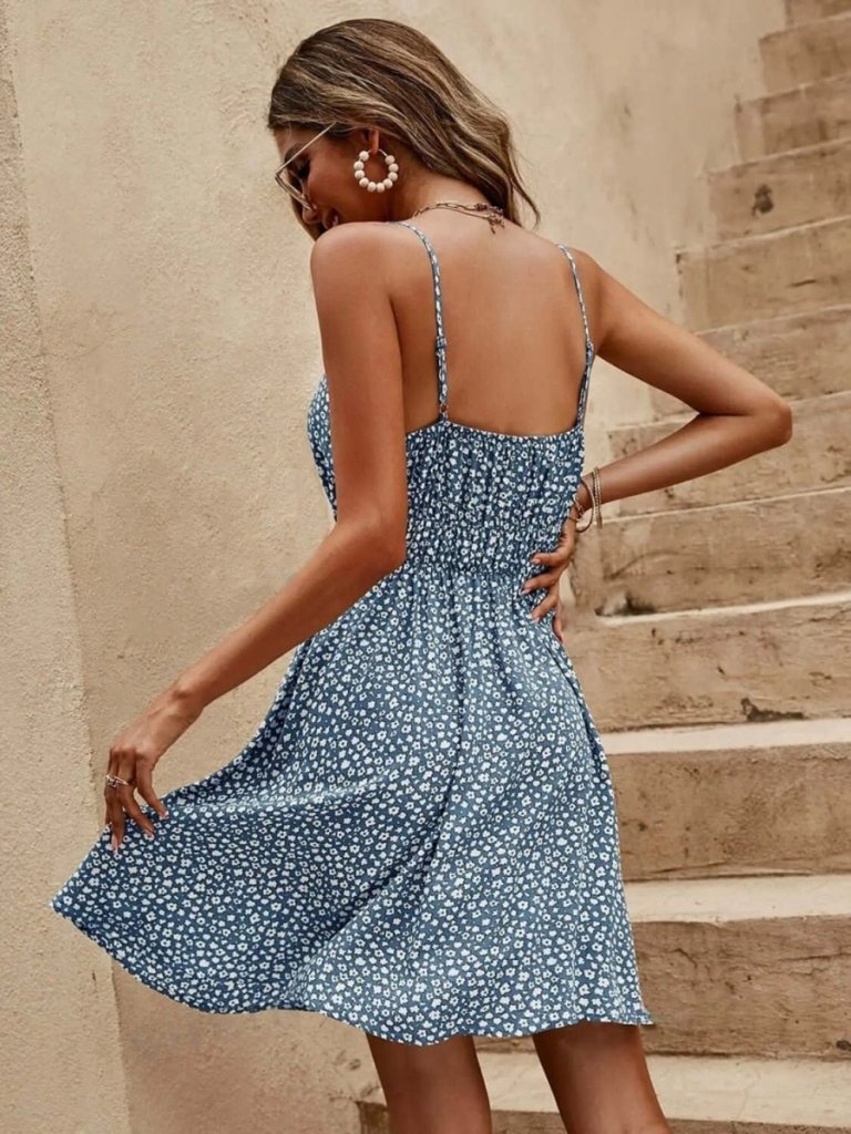 Floral V - Neck Mini Cami Dress - French Blue by Trendsi from FREYA’S CLOSET