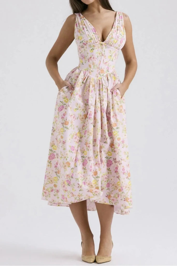Floral V - Neck Sleeveless Midi Dress with Pockets - Blush Pink by Trendsi from FREYA’S CLOSET