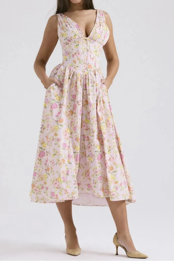 Floral V - Neck Sleeveless Midi Dress with Pockets - Blush Pink by Trendsi from FREYA’S CLOSET