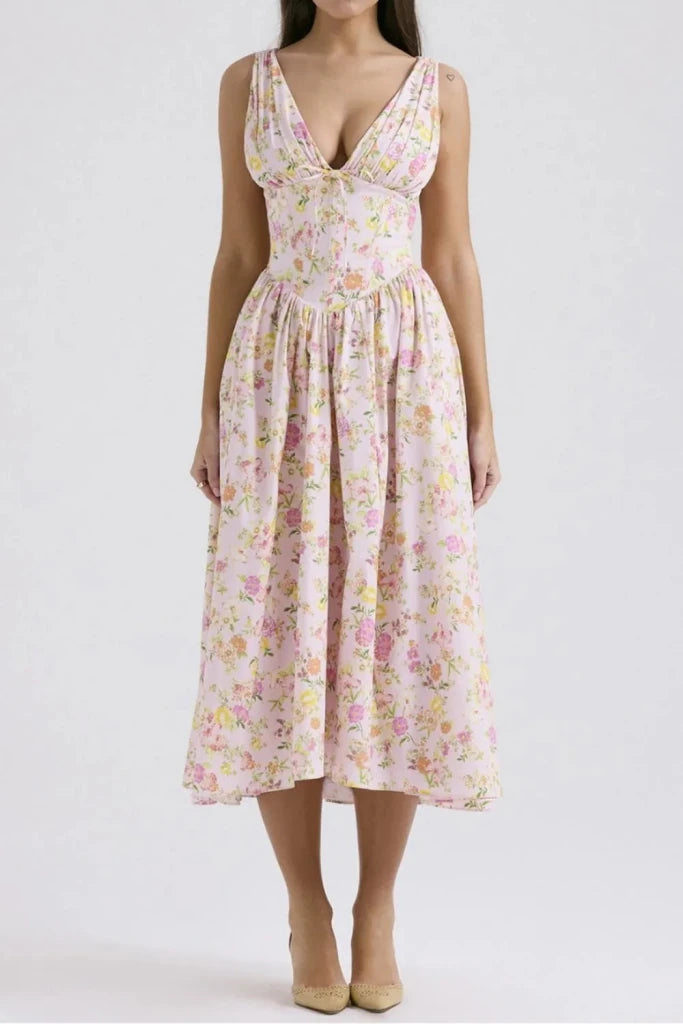Floral V - Neck Sleeveless Midi Dress with Pockets - Blush Pink by Trendsi from FREYA’S CLOSET