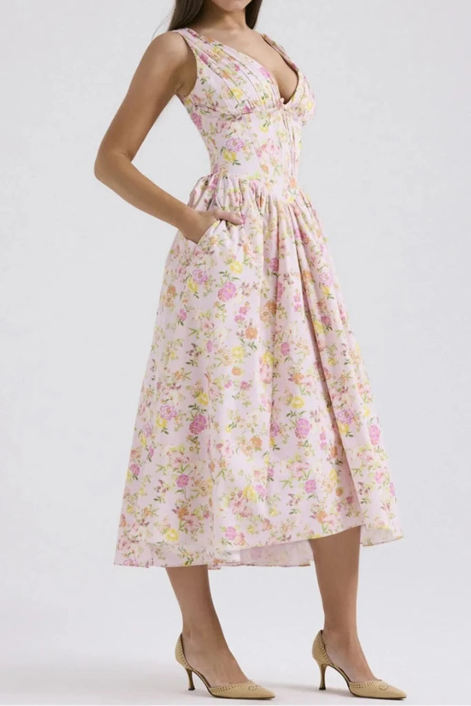 Floral V - Neck Sleeveless Midi Dress with Pockets - Blush Pink by Trendsi from FREYA’S CLOSET