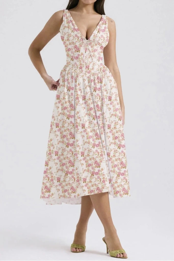 Floral V - Neck Sleeveless Midi Dress with Pockets - Floral by Trendsi from FREYA’S CLOSET