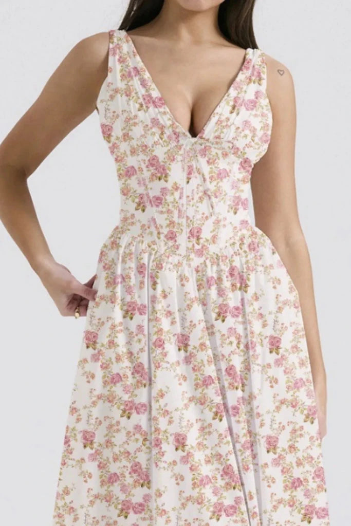 Floral V - Neck Sleeveless Midi Dress with Pockets - Floral by Trendsi from FREYA’S CLOSET