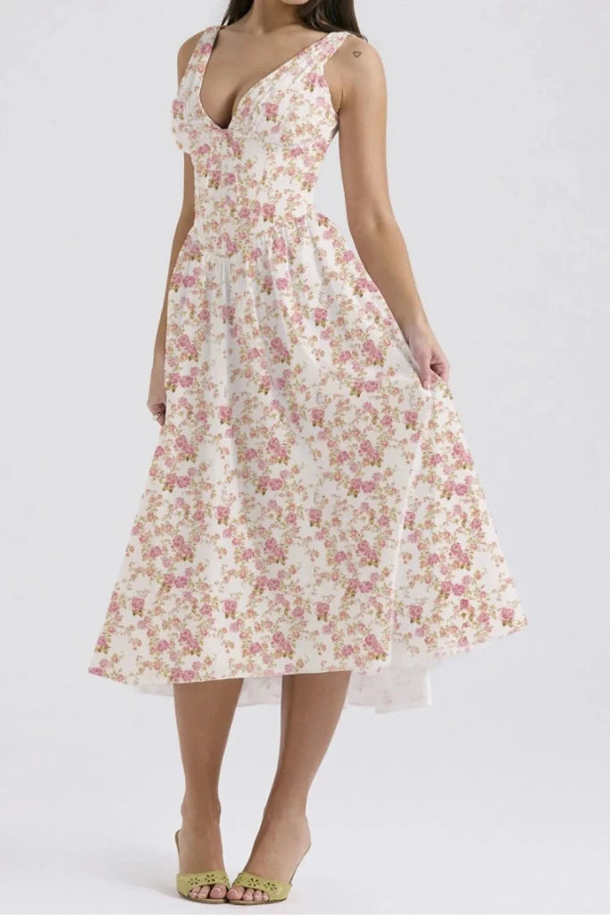 Floral V - Neck Sleeveless Midi Dress with Pockets - Floral by Trendsi from FREYA’S CLOSET