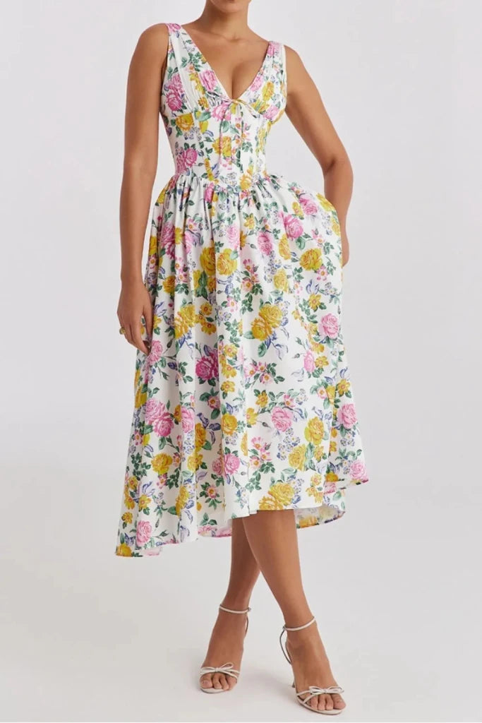 Floral V - Neck Sleeveless Midi Dress with Pockets - Multicolor by Trendsi from FREYA’S CLOSET