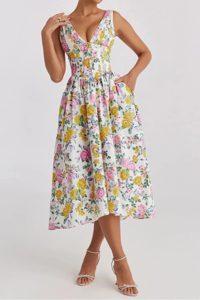 Floral V - Neck Sleeveless Midi Dress with Pockets - Multicolor by Trendsi from FREYA’S CLOSET