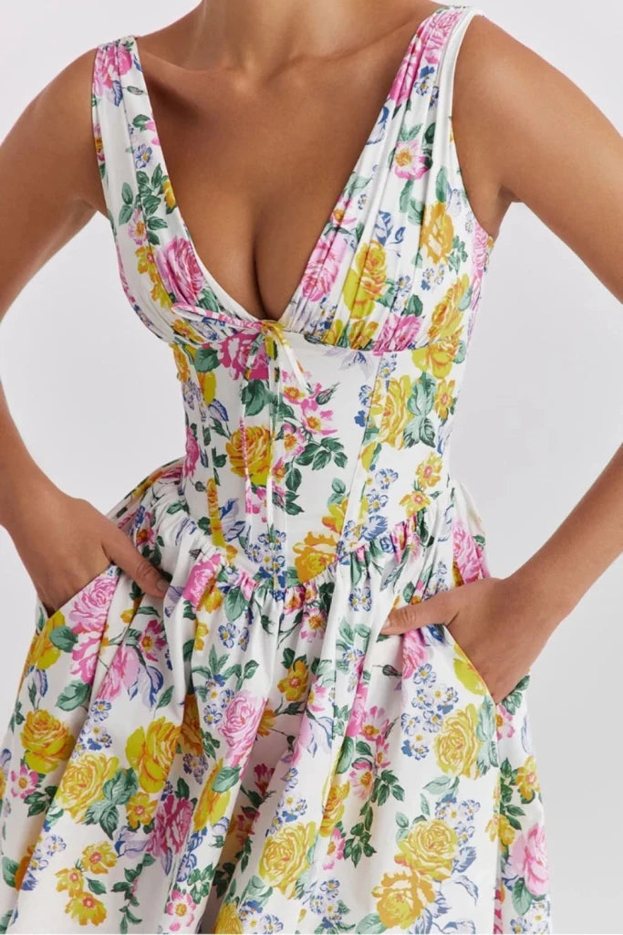Floral V - Neck Sleeveless Midi Dress with Pockets - Multicolor by Trendsi from FREYA’S CLOSET