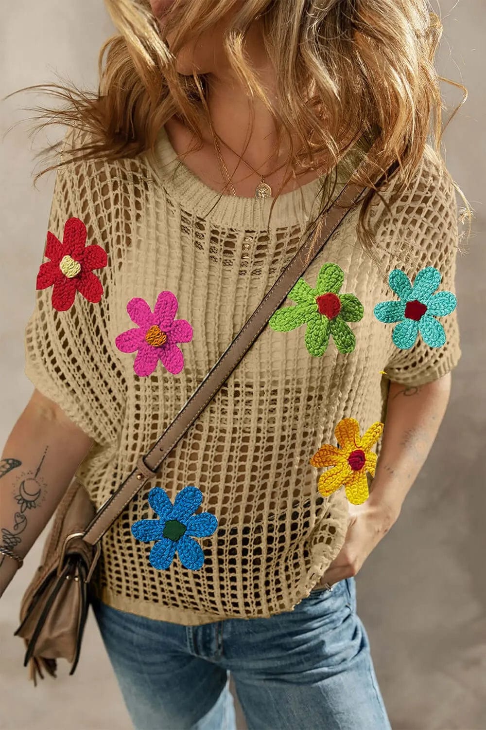 Trendsi Shirts and Blouses Flower Round Neck Half Sleeve Knit Cover Up