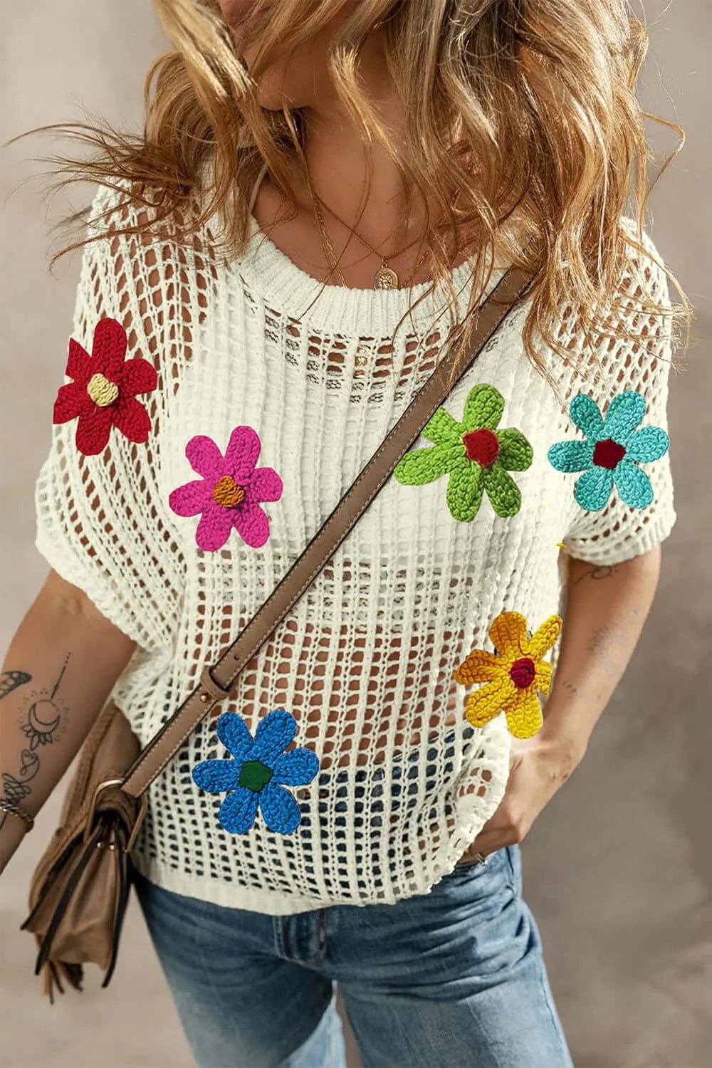 Trendsi Shirts and Blouses Flower Round Neck Half Sleeve Knit Cover Up