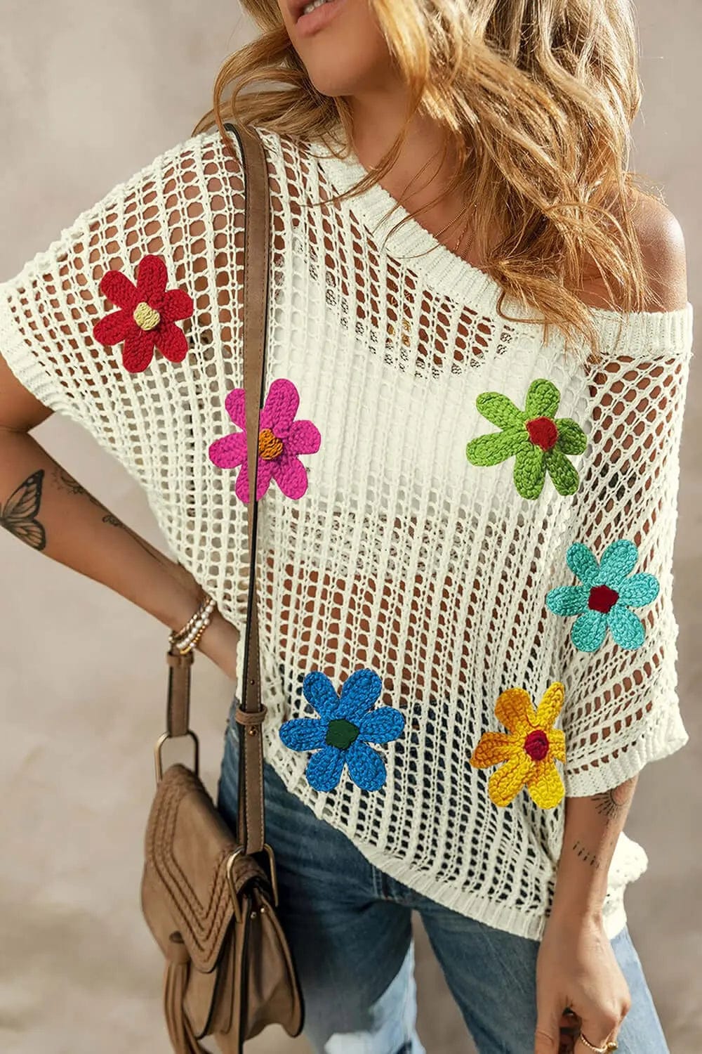 Trendsi Shirts and Blouses White / S Flower Round Neck Half Sleeve Knit Cover Up