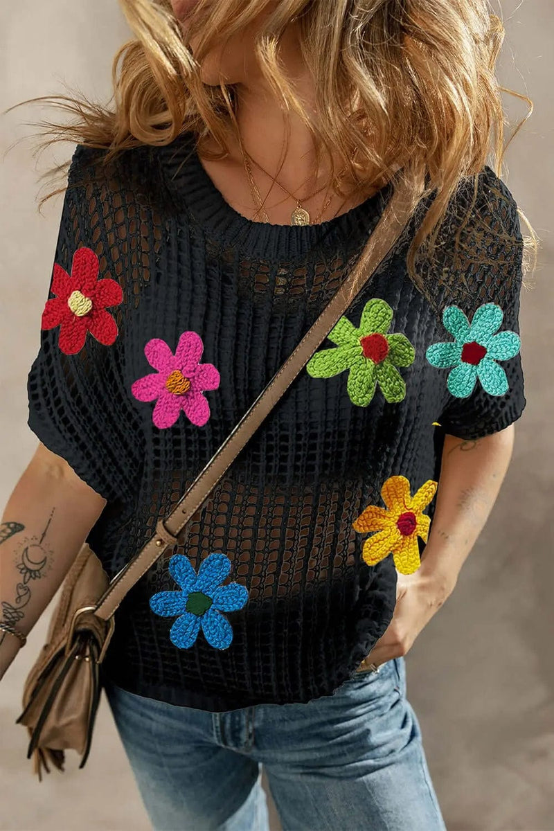 Trendsi Shirts and Blouses Flower Round Neck Half Sleeve Knit Cover Up