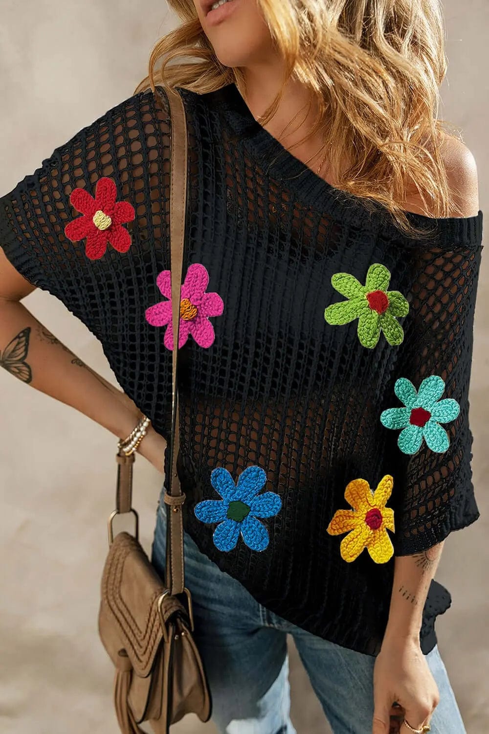 Trendsi Shirts and Blouses Black / S Flower Round Neck Half Sleeve Knit Cover Up