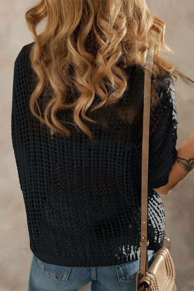 Flower Round Neck Half Sleeve Knit Cover Up - Black by Trendsi from FREYA’S CLOSET