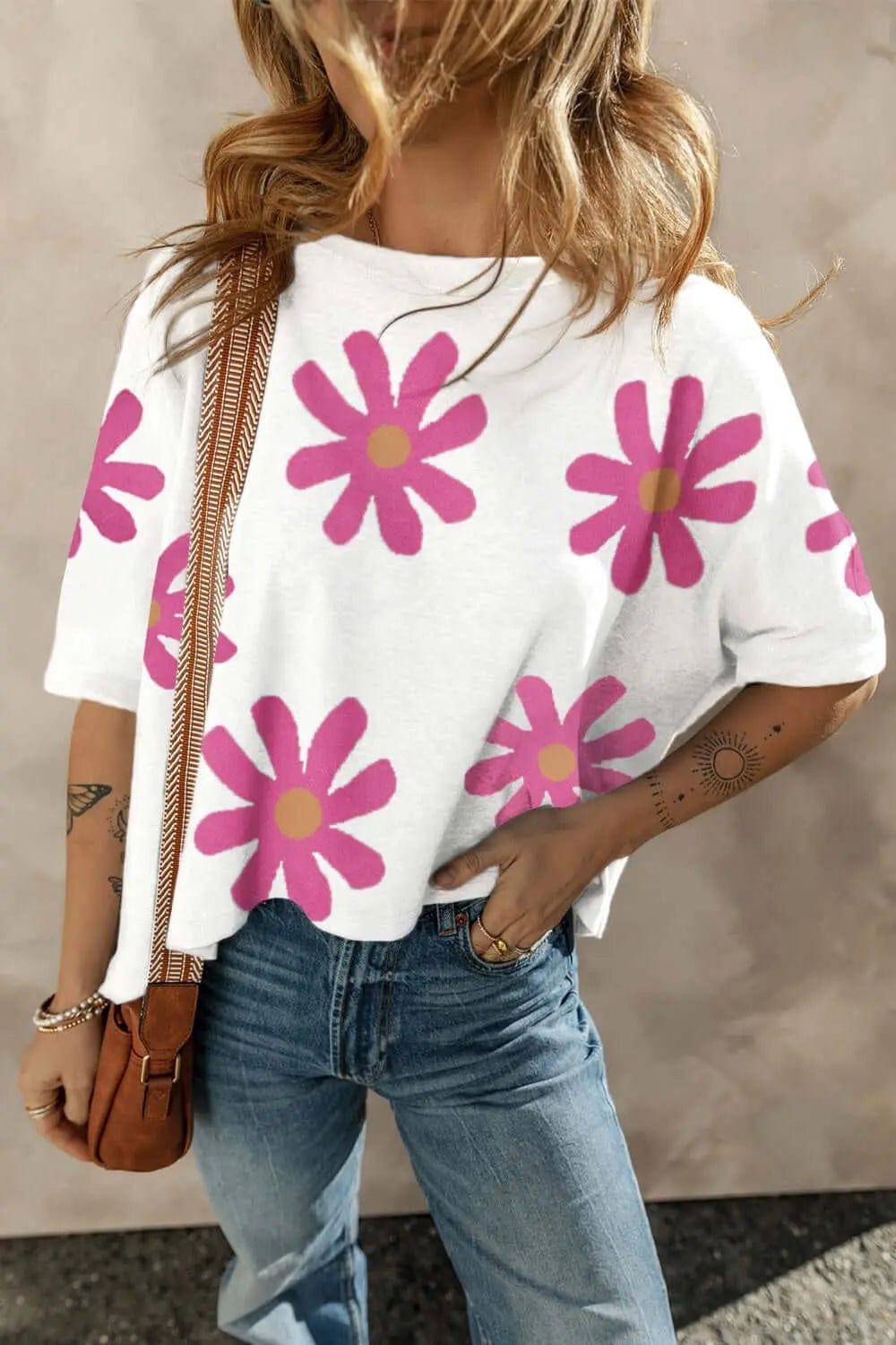 Trendsi Shirts and Blouses White / S Flower Round Neck Half Sleeve T-Shirt