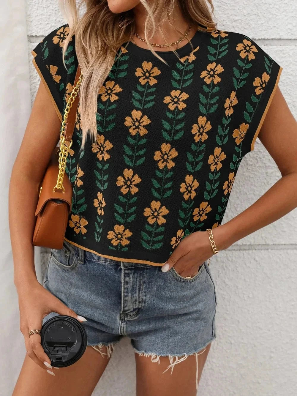 Trendsi Shirts and Blouse Flower Round Neck Short Sleeve Knit Top