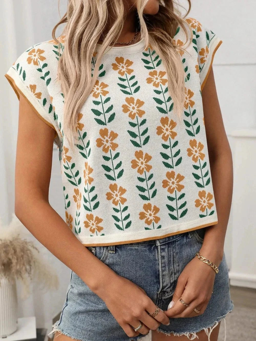 Trendsi Shirts and Blouse Beige / S Flower Round Neck Short Sleeve Knit Top