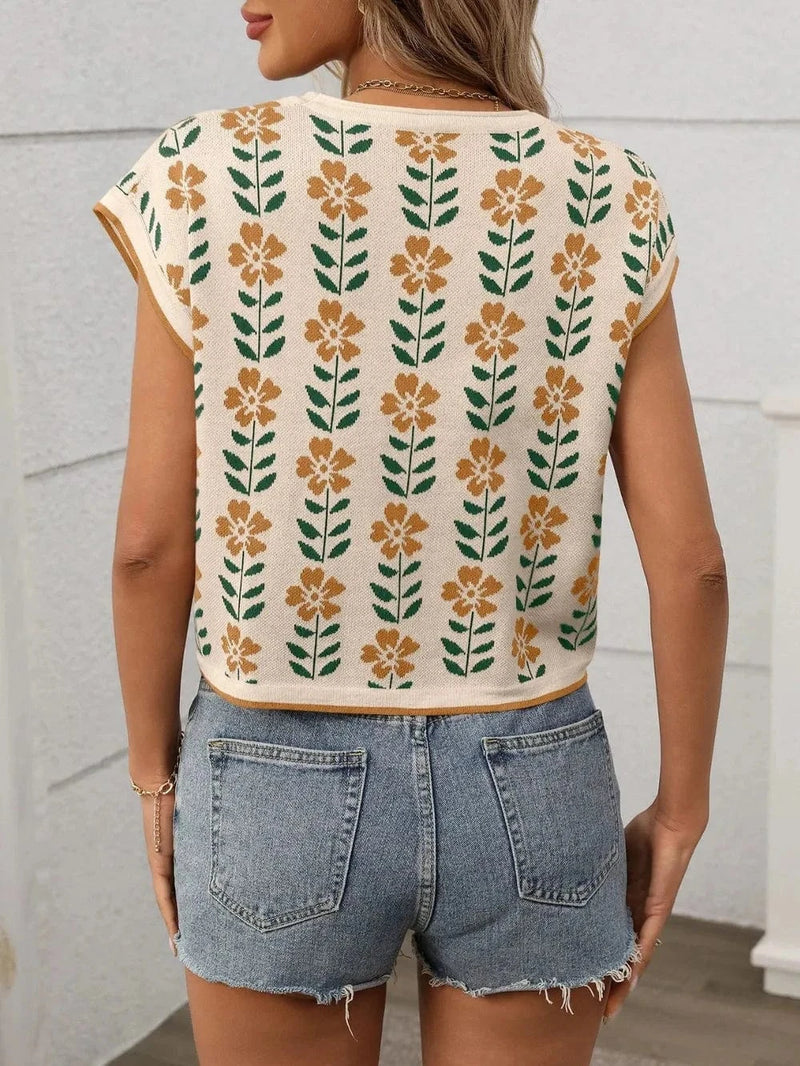 Trendsi Shirts and Blouse Flower Round Neck Short Sleeve Knit Top