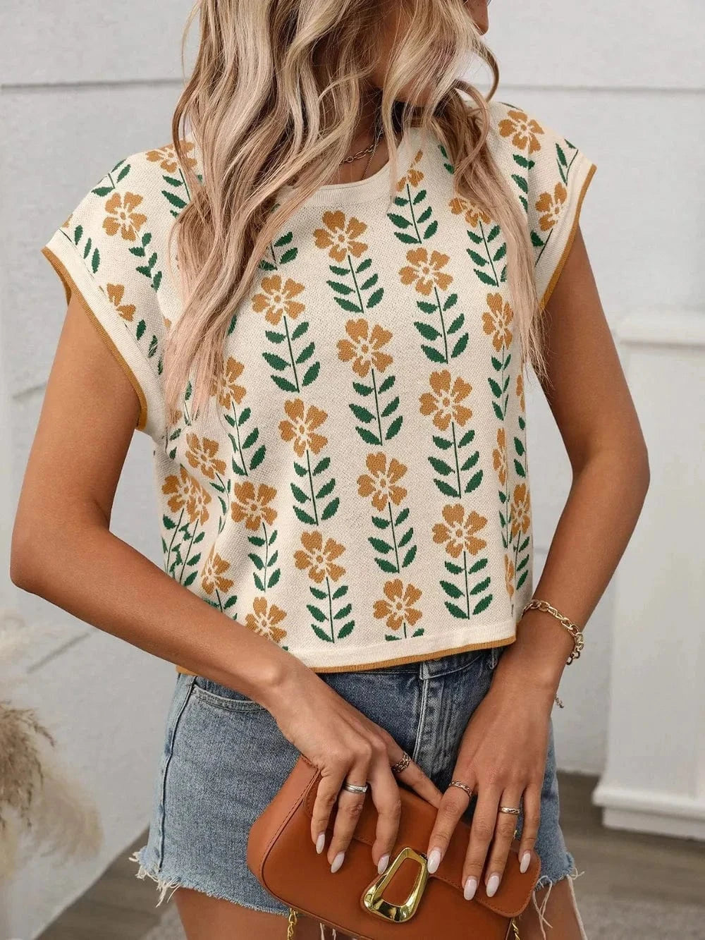 Trendsi Shirts and Blouse Tan / S Flower Round Neck Short Sleeve Knit Top