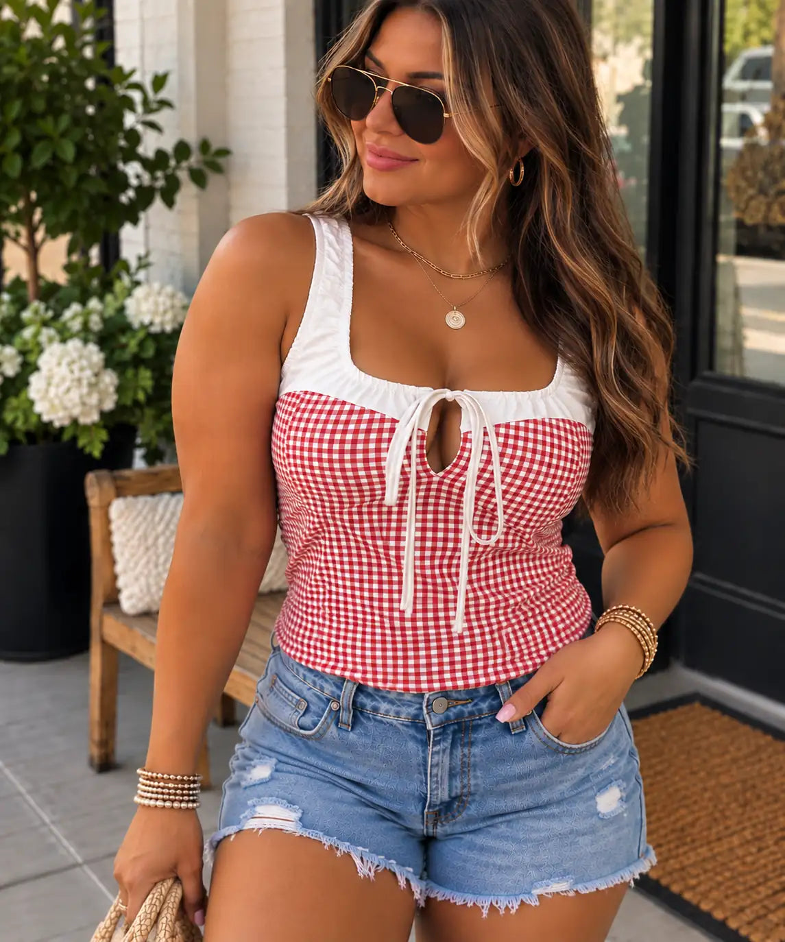 Perfee Contrast Plaid Square Neck Tank styled with denim shorts