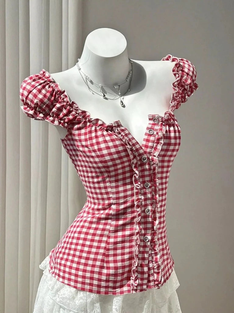 Frill Gingham Cap Sleeve Blouse - Red by Trendsi from FREYA’S CLOSET